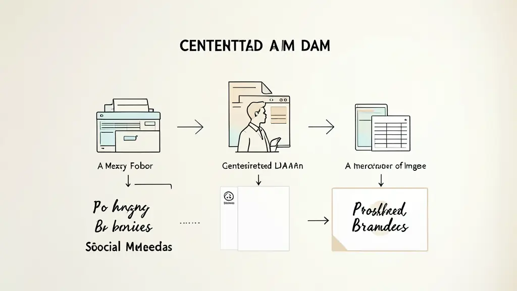A step-by-step flowchart on a white office wall illustrating the move from a messy folder of images to a centralized DAM and finally to a polished, branded social media post.