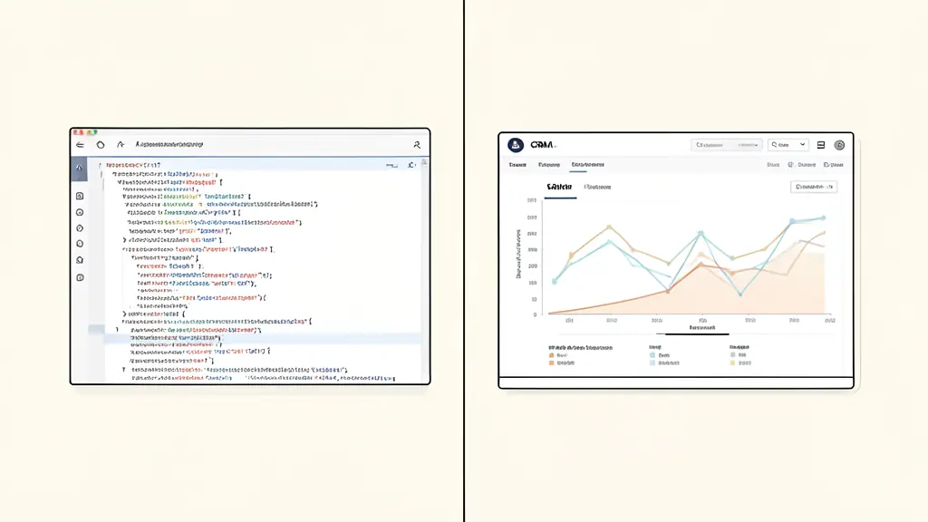 A professional split-screen composition showing a complex lines-of-code interface on one side and a clean CRM sales pipeline dashboard on the other.
