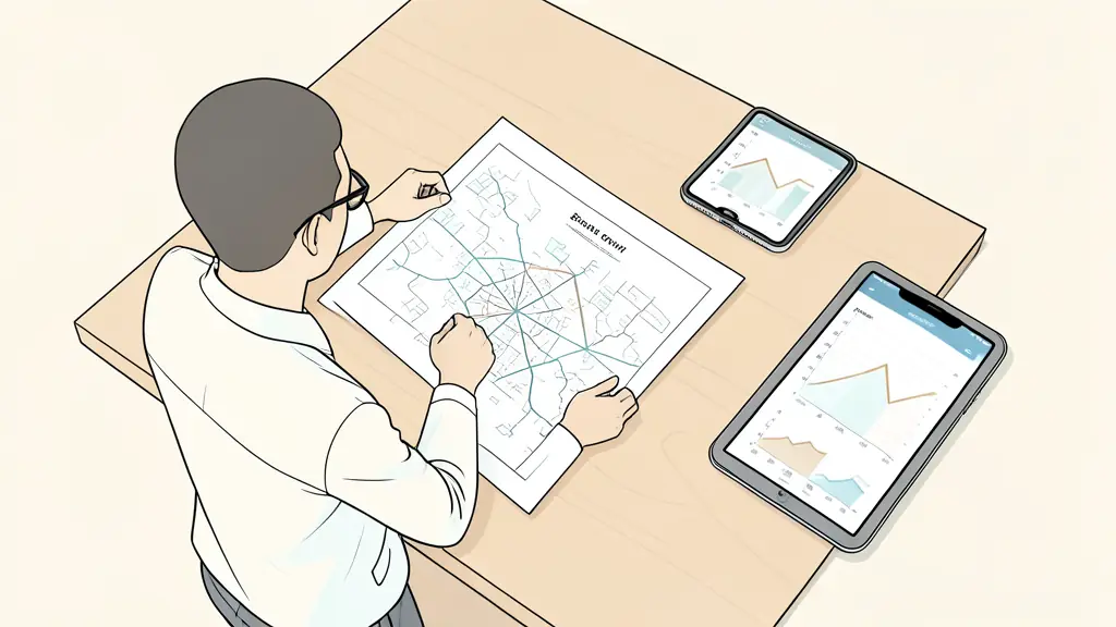 A high-angle shot of a business owner reviewing a strategic growth map on a wooden desk, with a smartphone and a tablet showing growth charts nearby.