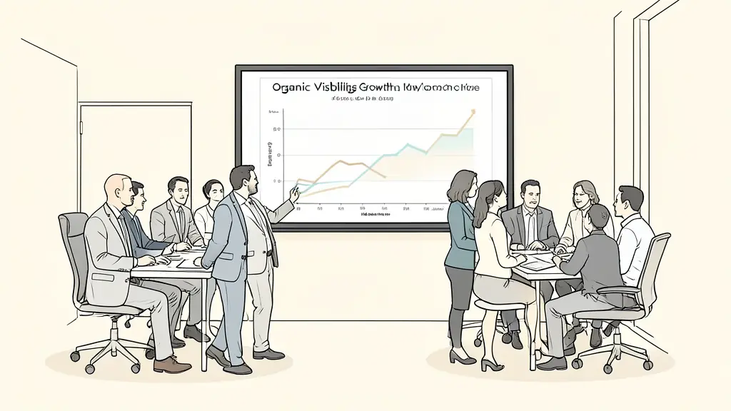 A professional office setting in Manchester with a diverse team of analysts reviewing organic visibility growth charts on a large wall-mounted screen