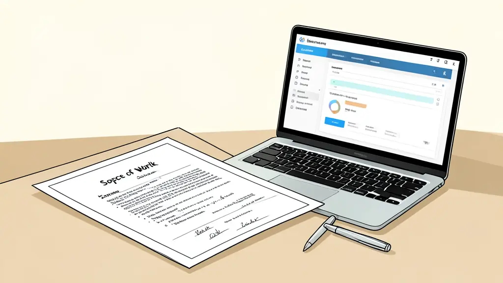 A close-up of a signed contract and a detailed Scope of Work document on a wooden desk, next to a laptop showing a conversion tracking dashboard
