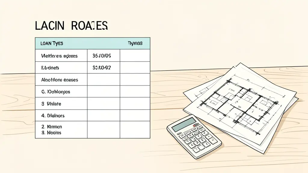 A detailed comparison chart on a wooden table showing different loan types, a calculator, and a set of blueprints for a residential home.