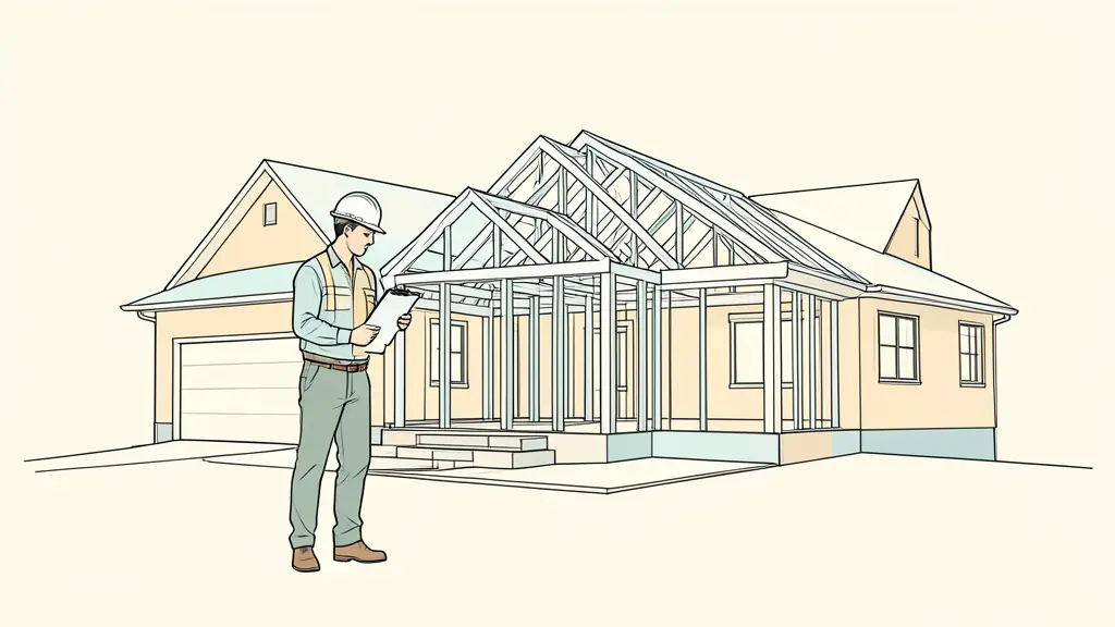 A construction site inspector with a clipboard and a hard hat, checking the structural framing of a new suburban home.