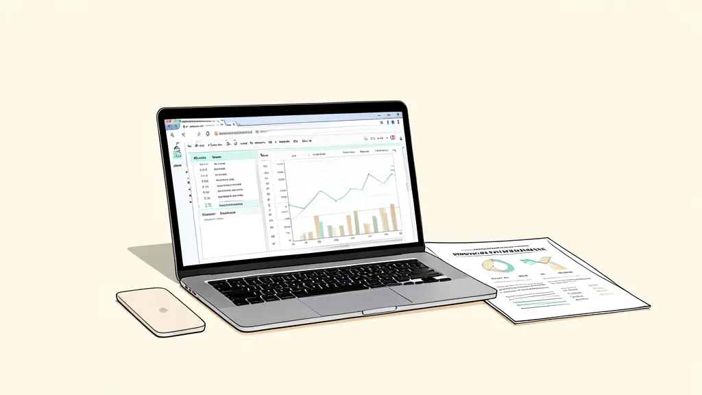 A professional workspace with a laptop displaying a complex financial spreadsheet and a printed business strategy document, editorial style