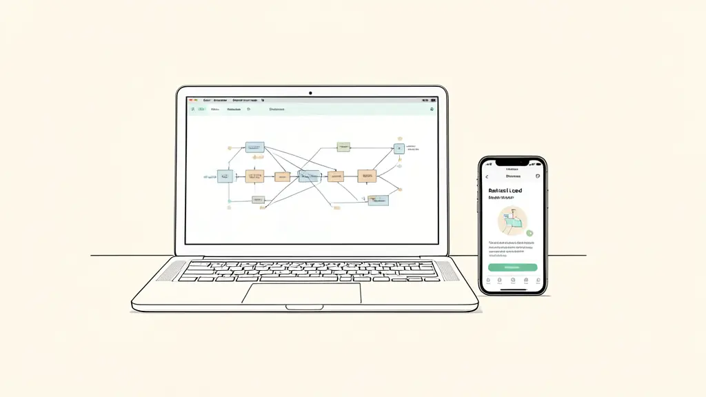 A clean, professional workspace with a laptop displaying a complex visual workflow diagram and a smartphone showing a real-time lead notification.