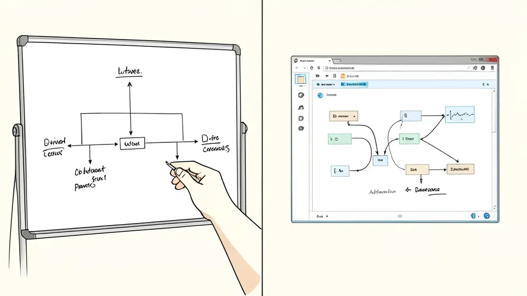 A split-screen composition: one side showing a hand-drawn strategic flowchart on a whiteboard, the other side showing the corresponding digital automation logic in a software interface.