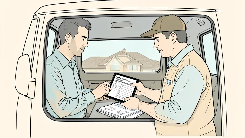 Roofing contractor reviewing a two-column lead pipeline on a tablet inside a work truck, with estimate folders and a residential roof visible through the windshield