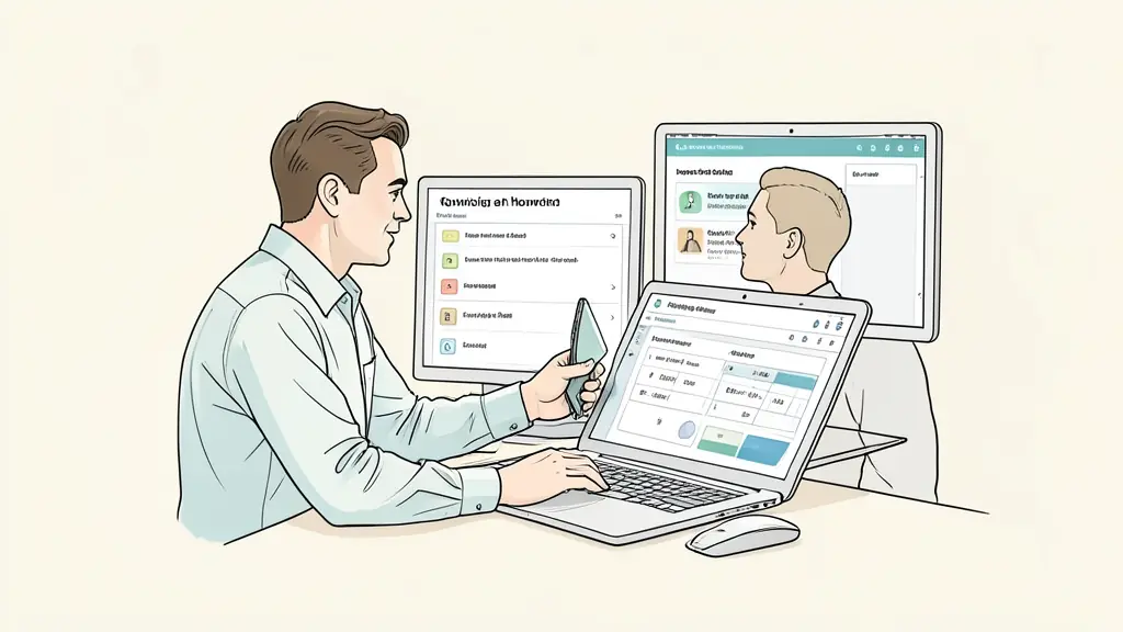 Roofing office coordinator qualifying a homeowner by phone while viewing property details on a CRM, with inspection slots and automated follow-up tasks visible on a second screen