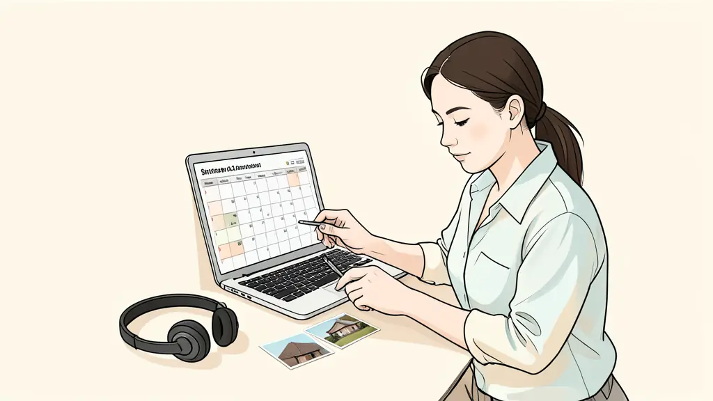 Roofing office coordinator checking a seven-day follow-up workflow on a smartphone, inspection calendar open, headset and roof photos on the desk