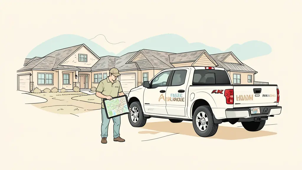 Roofing contractor reviewing a storm map on a tablet beside a branded-free pickup truck, suburban roofs visible after heavy weather