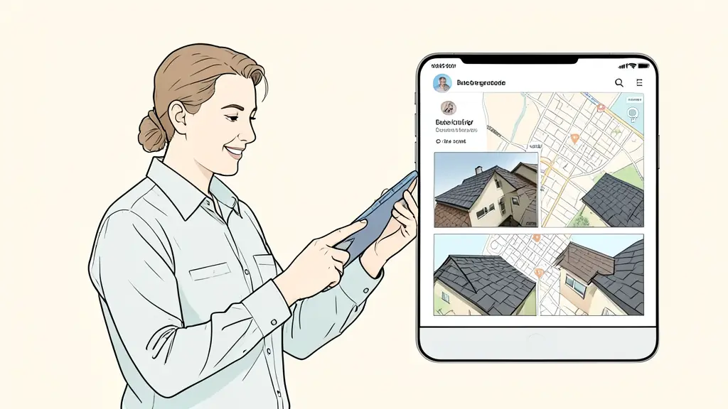 Roofing office coordinator updating a business profile on a smartphone, recent shingle replacement photos and a neighborhood service map nearby