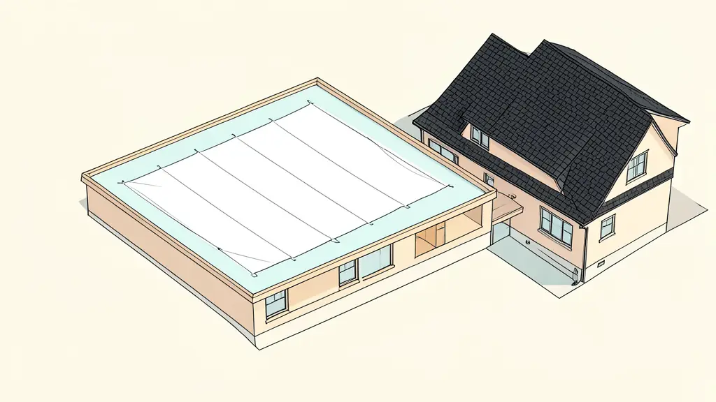 A high-angle shot of a commercial construction site showing a large white TPO membrane being heat-welded onto a flat roof, contrasting with a residential house nearby featuring dark asphalt shingles.