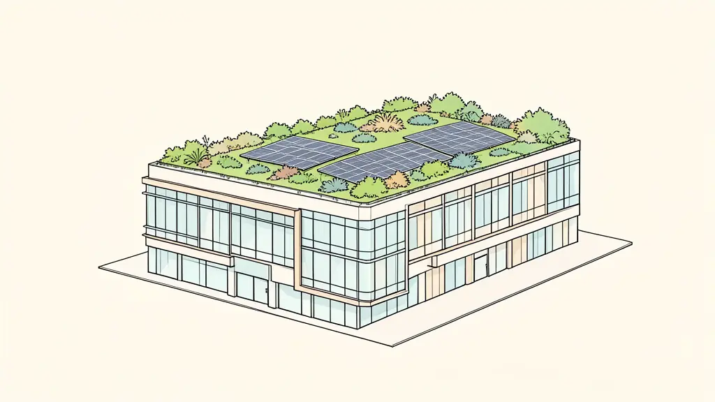 A modern commercial building featuring a green roof with living vegetation and solar panels, highlighting the integration of sustainable architecture.